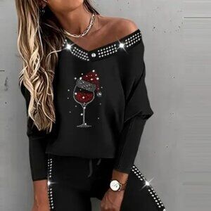 NEW YEAR Off-Shoulder Rhinestone top tunic